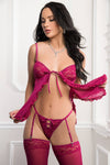 G World Tie Front Babydoll Garter Thong and Stockings Raspberry-Rebel Romance