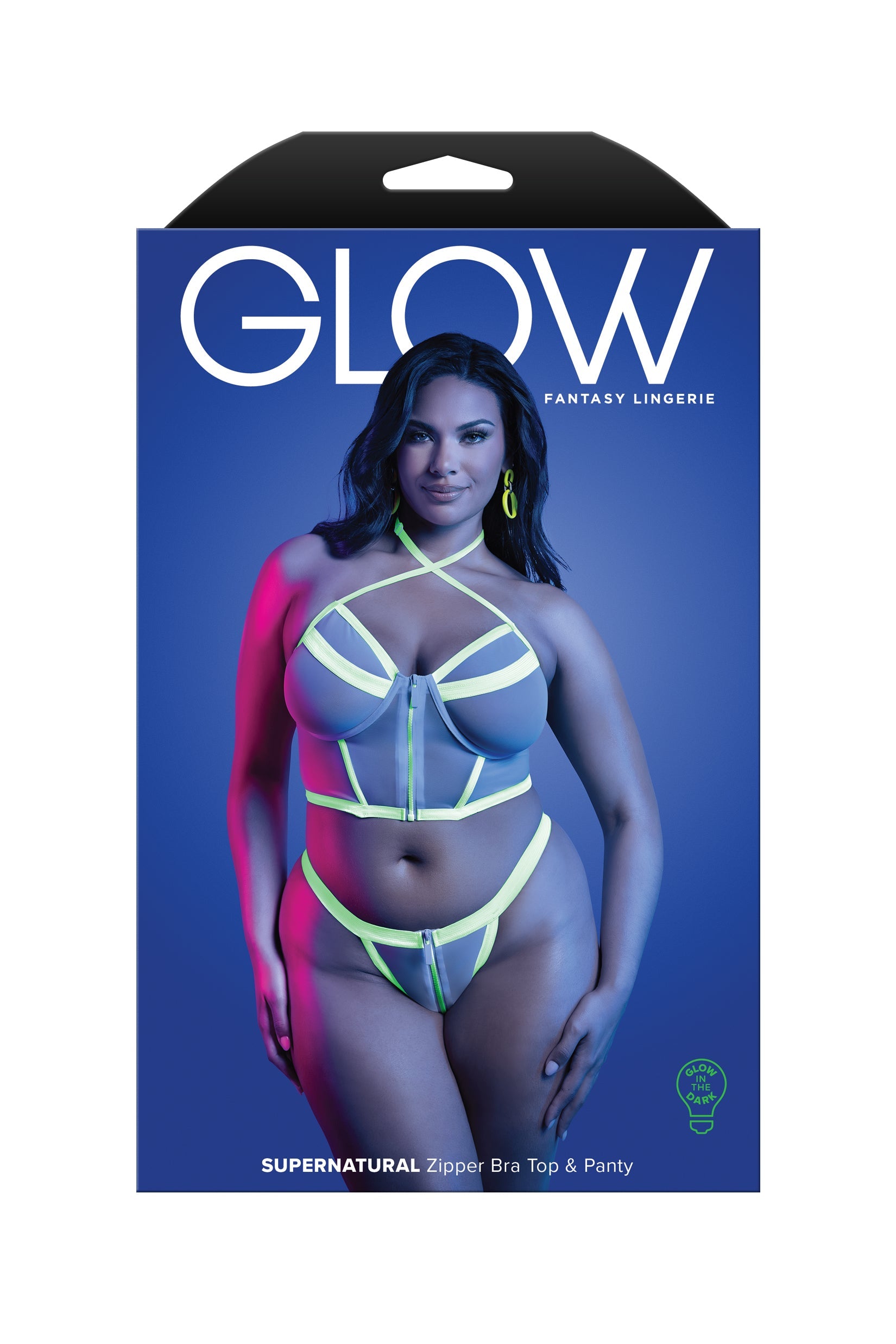 Glow Black Light Supernatural Zipper Bra Top & Panty Set Queen