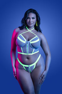 Glow Black Light Supernatural Zipper Bra Top & Panty Set Queen
