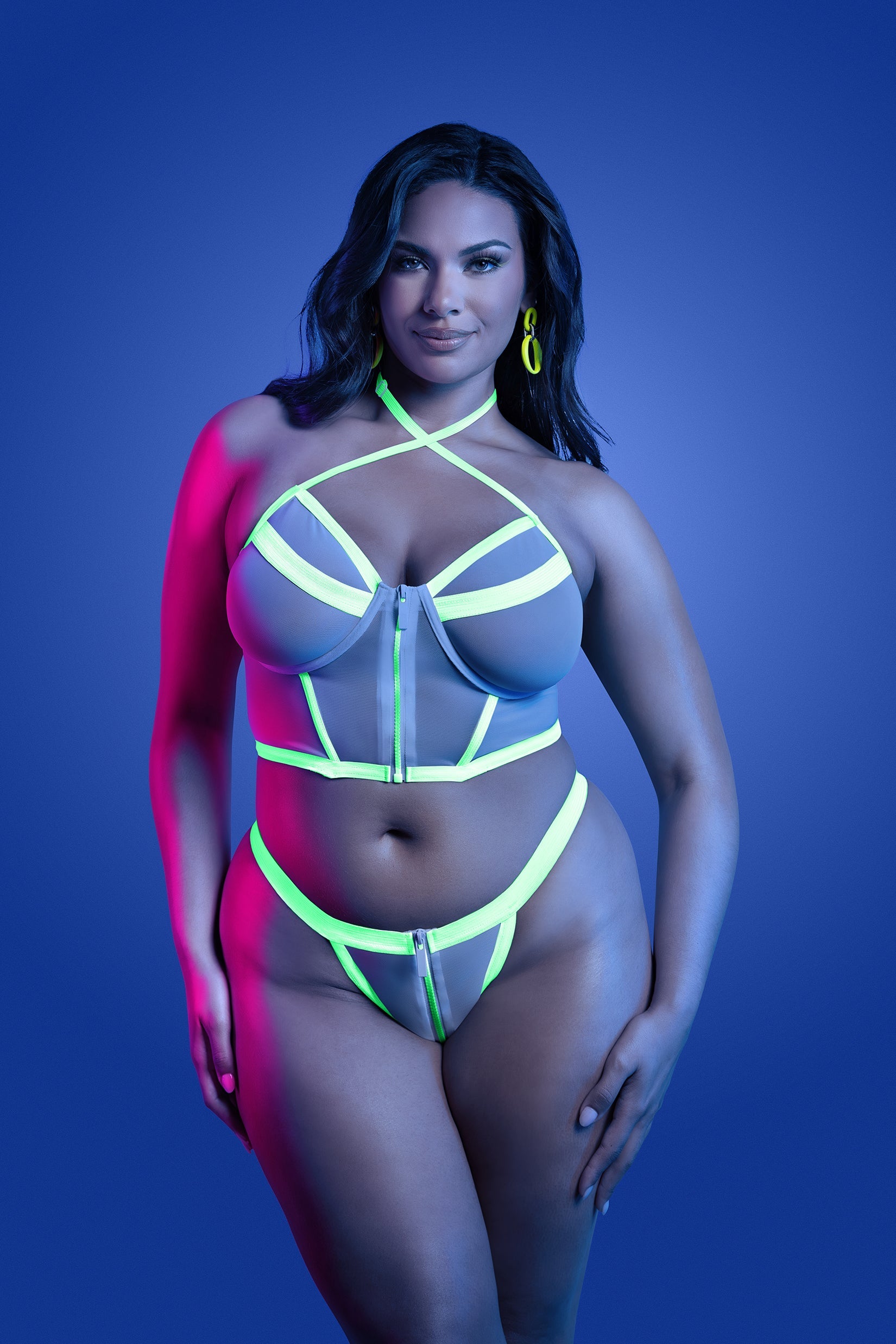 Glow Black Light Supernatural Zipper Bra Top & Panty Set Queen