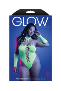 Fantasy Lingerie Glow Black Light Pressure Point Rhinestone Teddy & Gloves