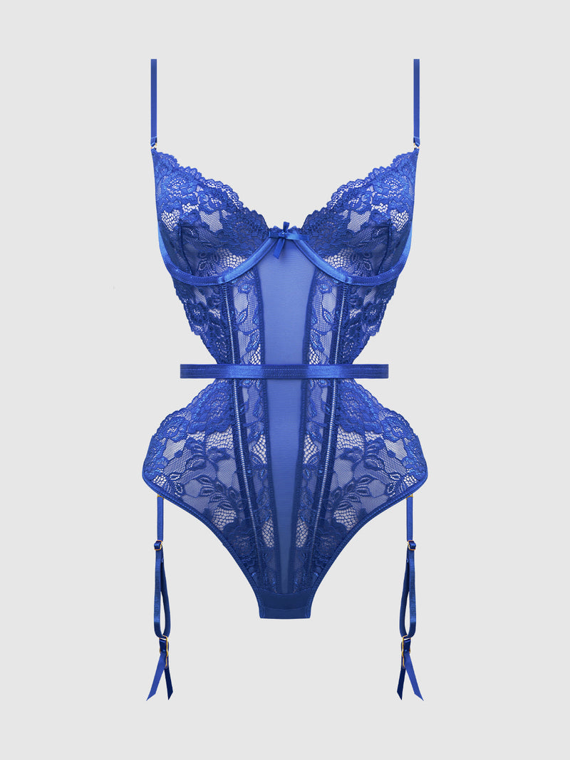 Harlow Lace & Mesh Underwire Teddy Surf the Web Blue