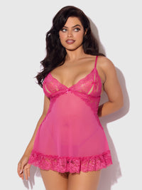 Harlow Lace & Mesh Babydoll & G-String Set Fuchsia Purple