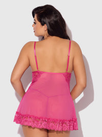 Harlow Lace & Mesh Babydoll & G-String Set Fuchsia Purple