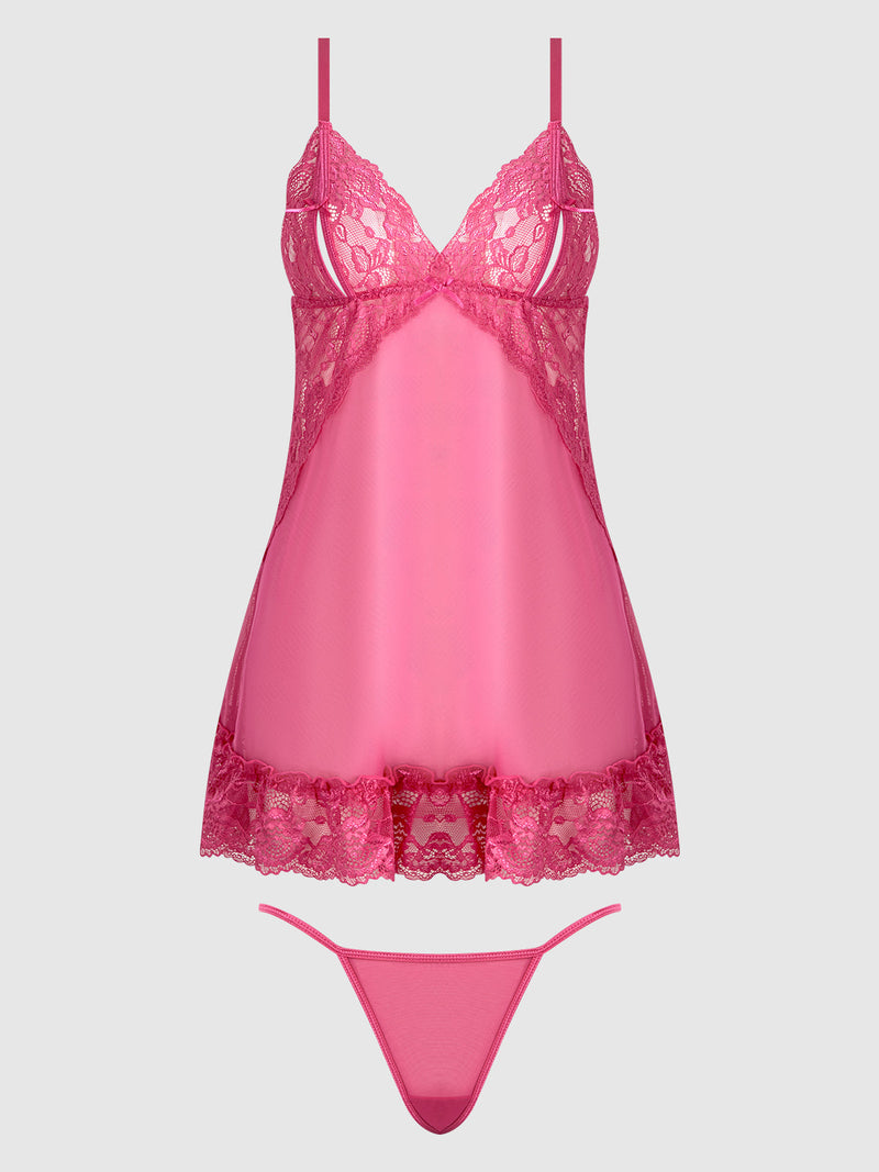 Harlow Lace & Mesh Babydoll & G-String Set Fuchsia Purple