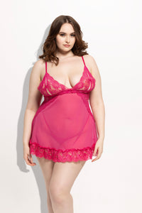 Harlow Lace & Mesh Babydoll & G-String Set Fuchsia Purple