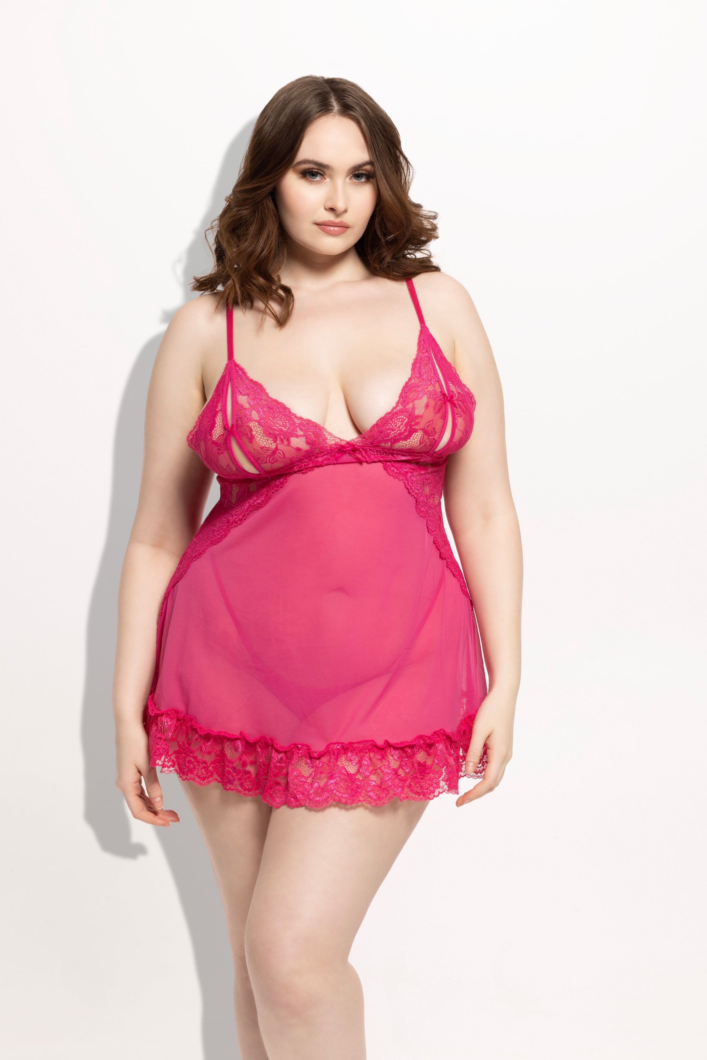 Harlow Lace & Mesh Babydoll & G-String Set Fuchsia Purple