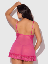 Harlow Lace & Mesh Babydoll & G-String Set Fuchsia Purple