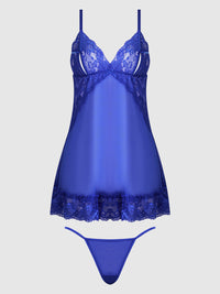 Harlow Lace & Mesh Babydoll & G-String Set Surf the Web Blue