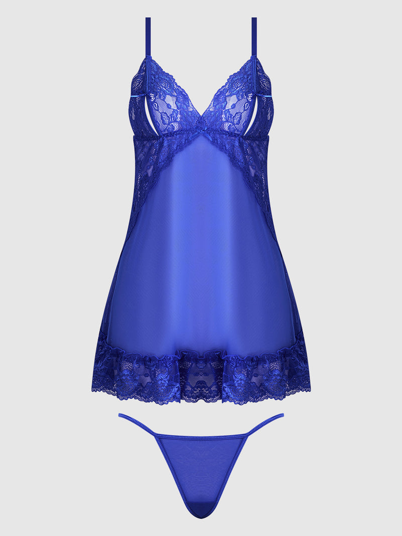 Harlow Lace & Mesh Babydoll & G-String Set Surf the Web Blue