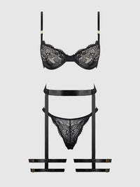 Helena Lace Bra, Garter & Open Back Hipster Set Black