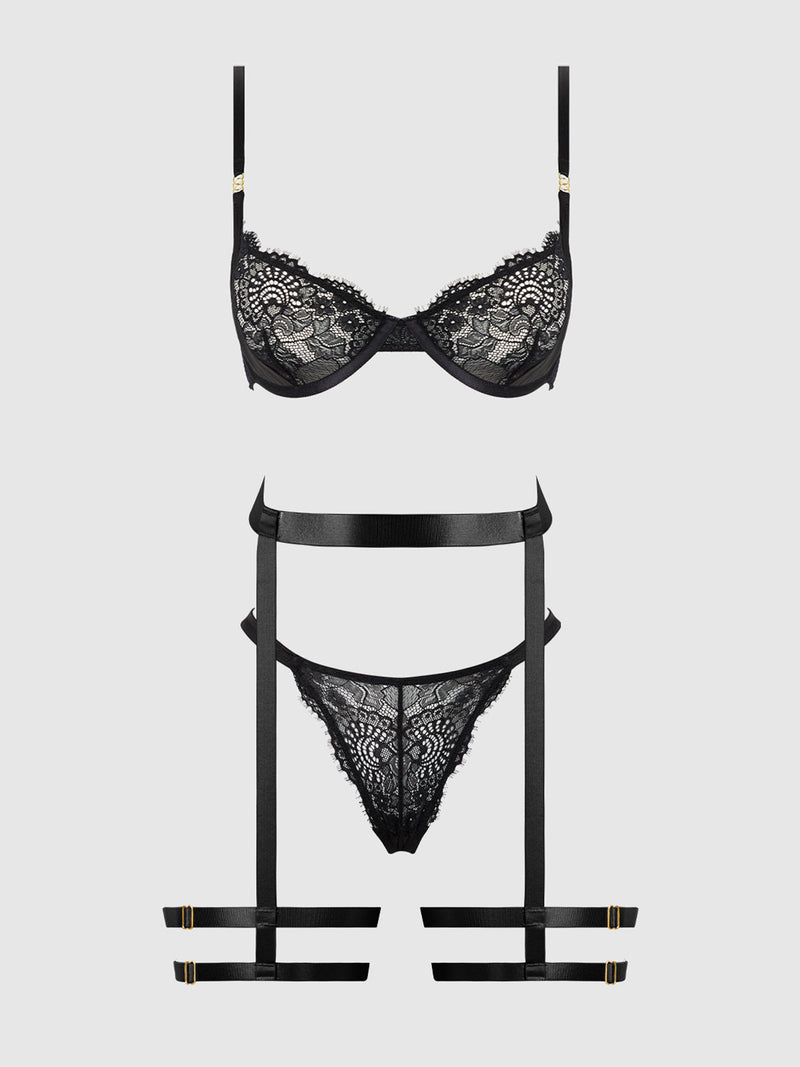 Helena Lace Bra, Garter & Open Back Hipster Set Black