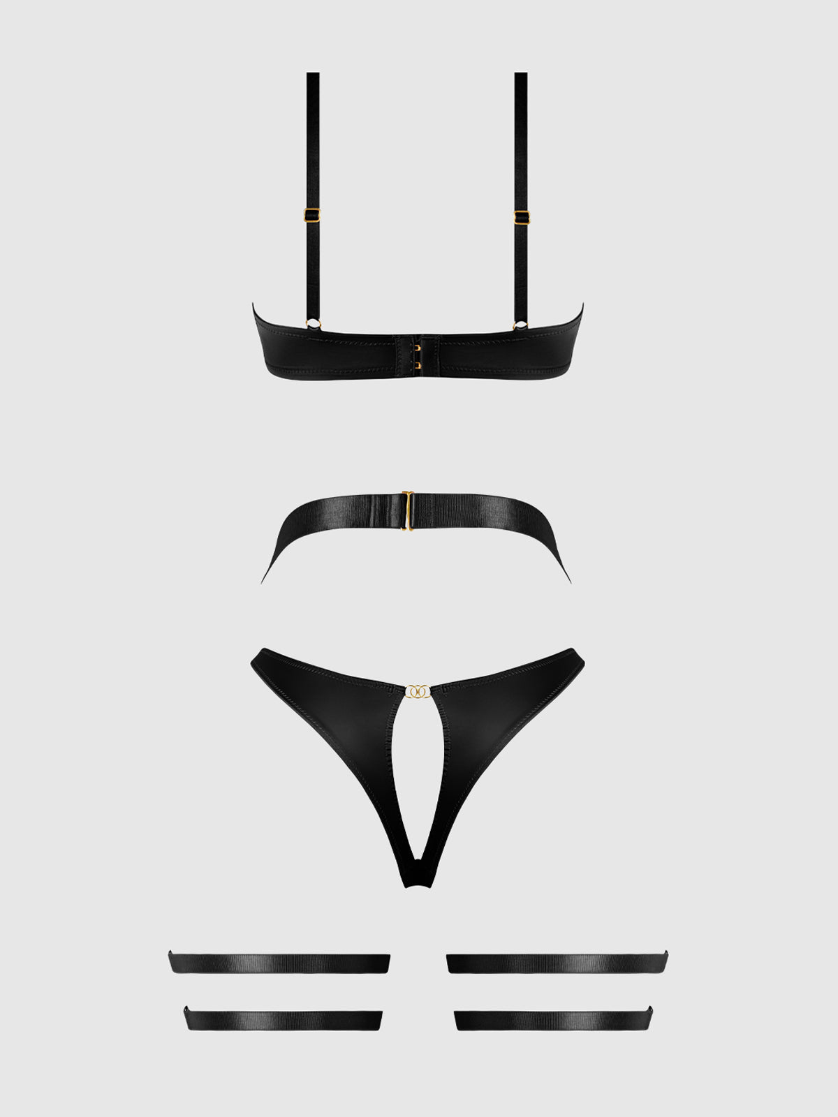 Helena Lace Bra, Garter & Open Back Hipster Set Black
