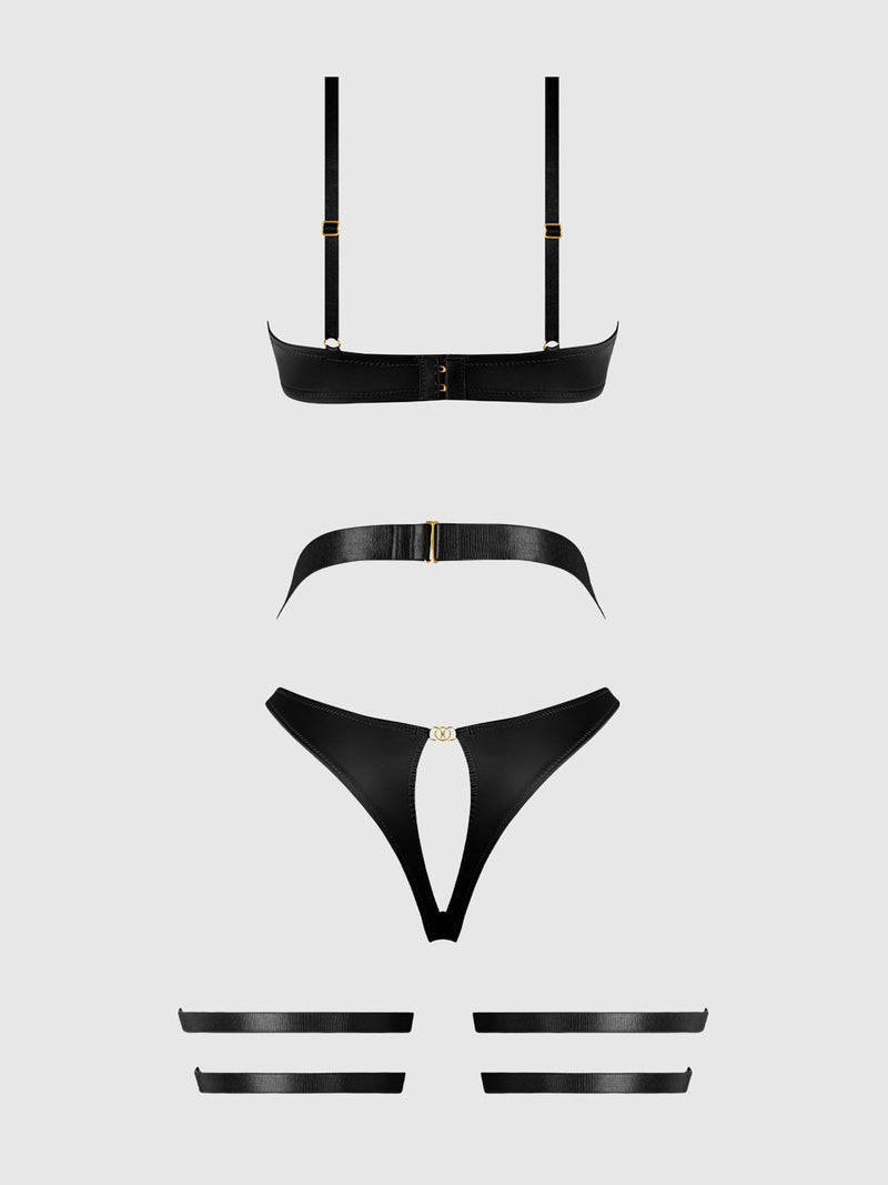 Helena Lace Bra, Garter & Open Back Hipster Set Black