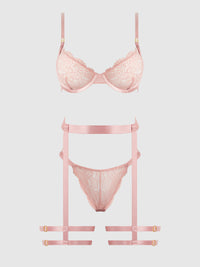 Helena Lace Bra, Garter & Open Back Hipster Set Black Pink