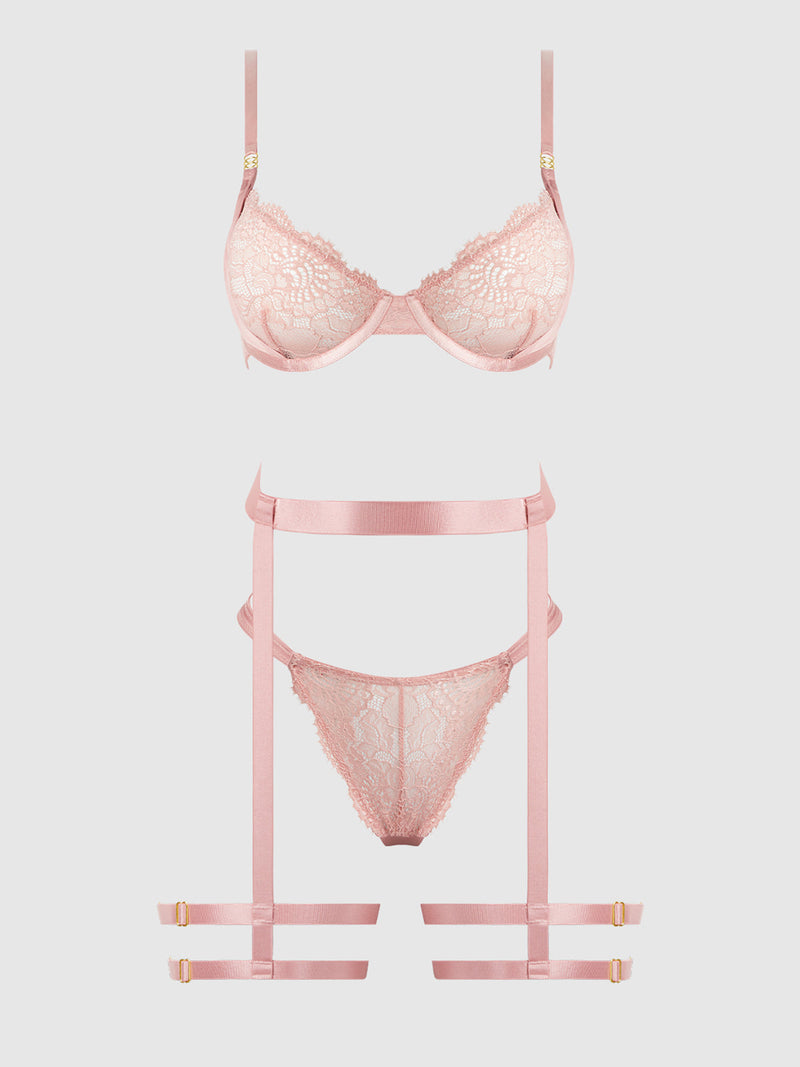 Helena Lace Bra, Garter & Open Back Hipster Set Black Pink