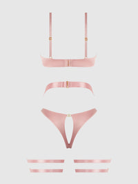 Helena Lace Bra, Garter & Open Back Hipster Set Black Pink