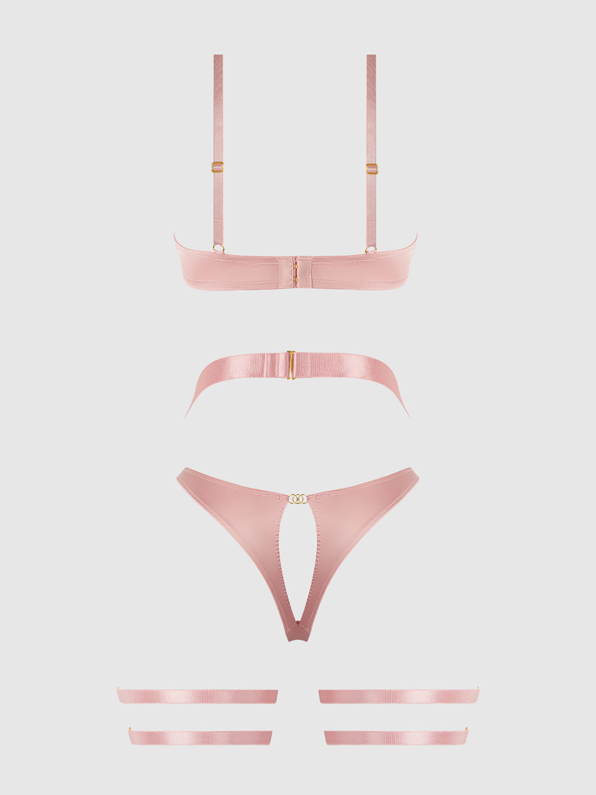 Helena Lace Bra, Garter & Open Back Hipster Set Black Pink