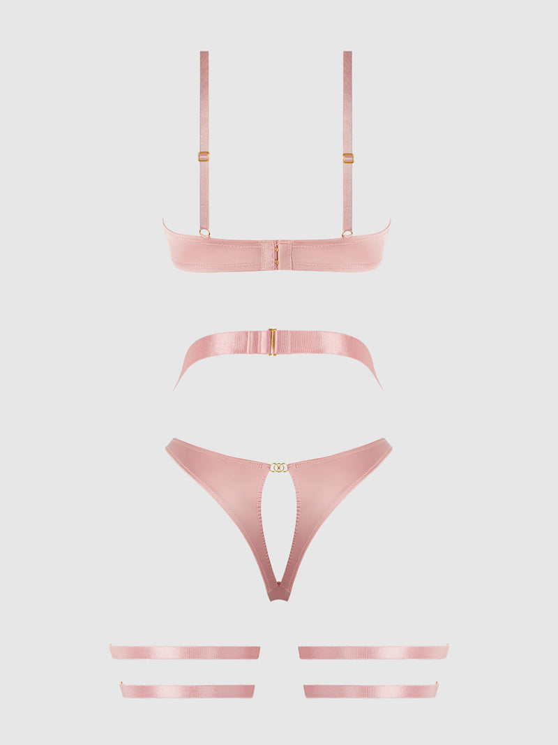 Helena Lace Bra, Garter & Open Back Hipster Set Black Pink