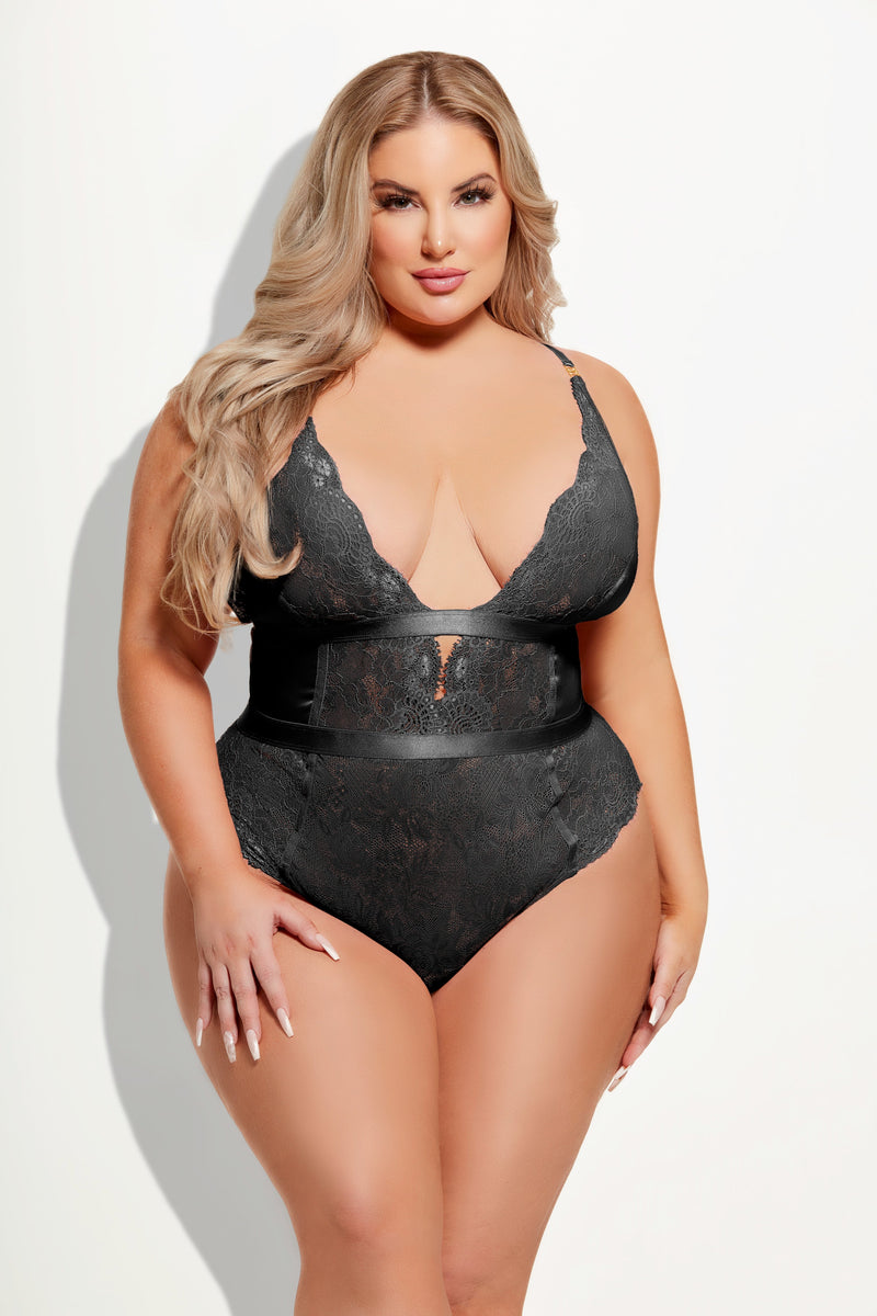 Helena Lace & Satin Wireless & Open Back Teddy Black