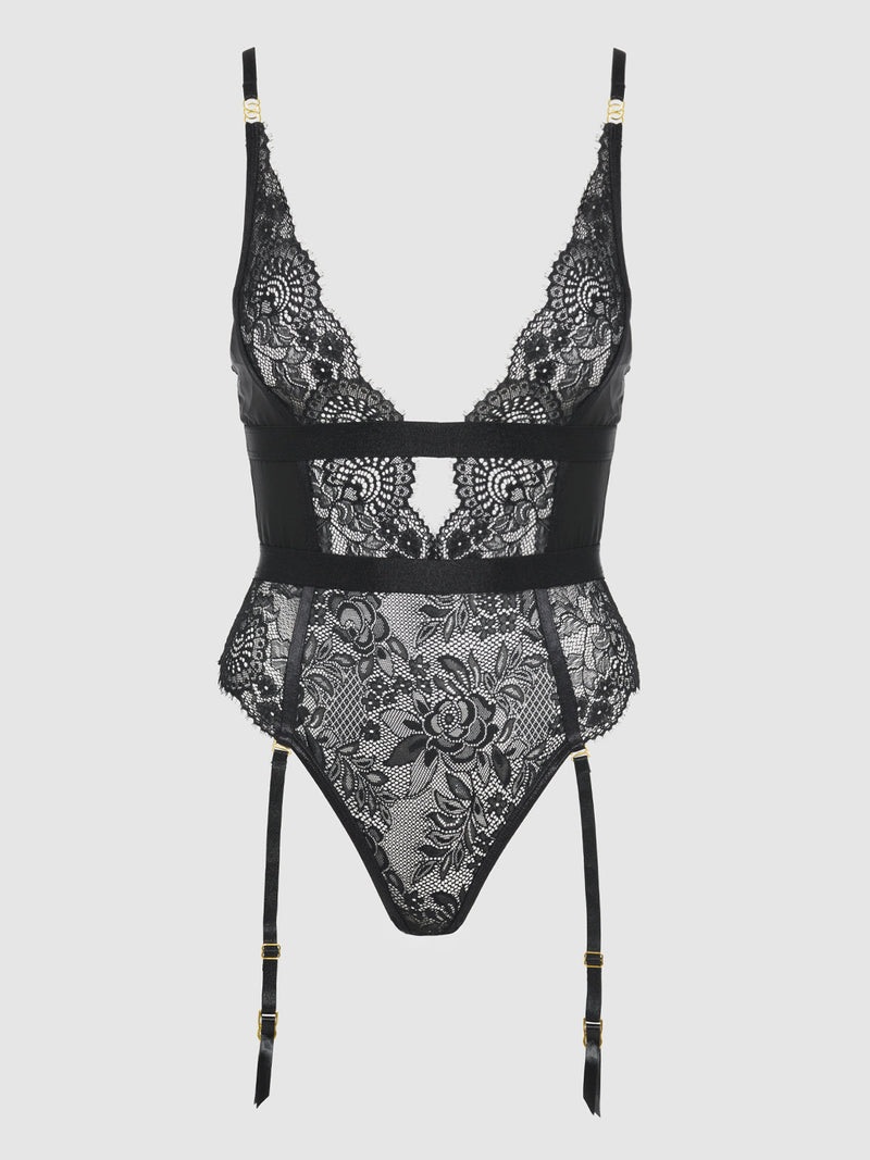 Helena Lace & Satin Wireless & Open Back Teddy Black