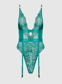Helena Lace & Satin Wireless & Open Back Teddy Evergreen