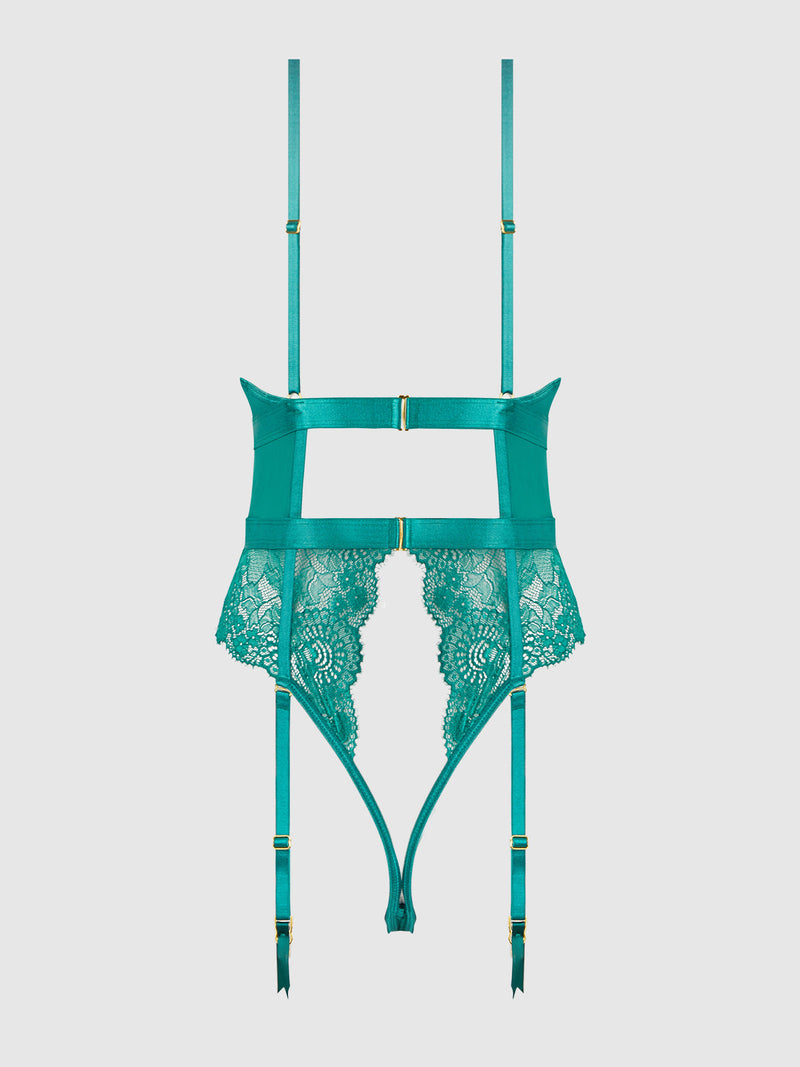 Helena Lace & Satin Wireless & Open Back Teddy Evergreen