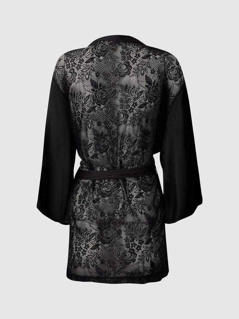 Helena Satin & Lace Back Short Robe Black