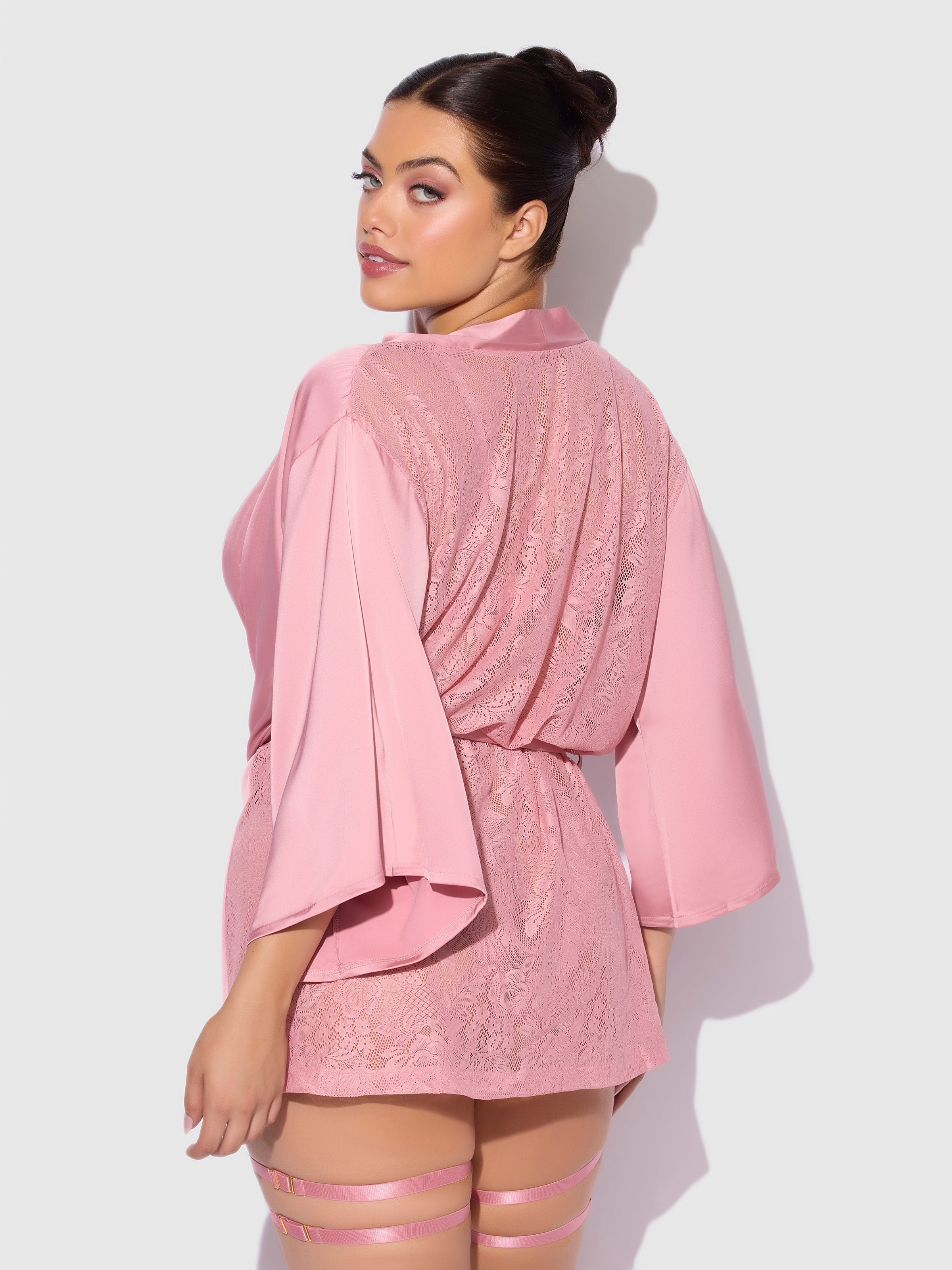 Helena Satin & Lace Back Short Robe Powder Pink
