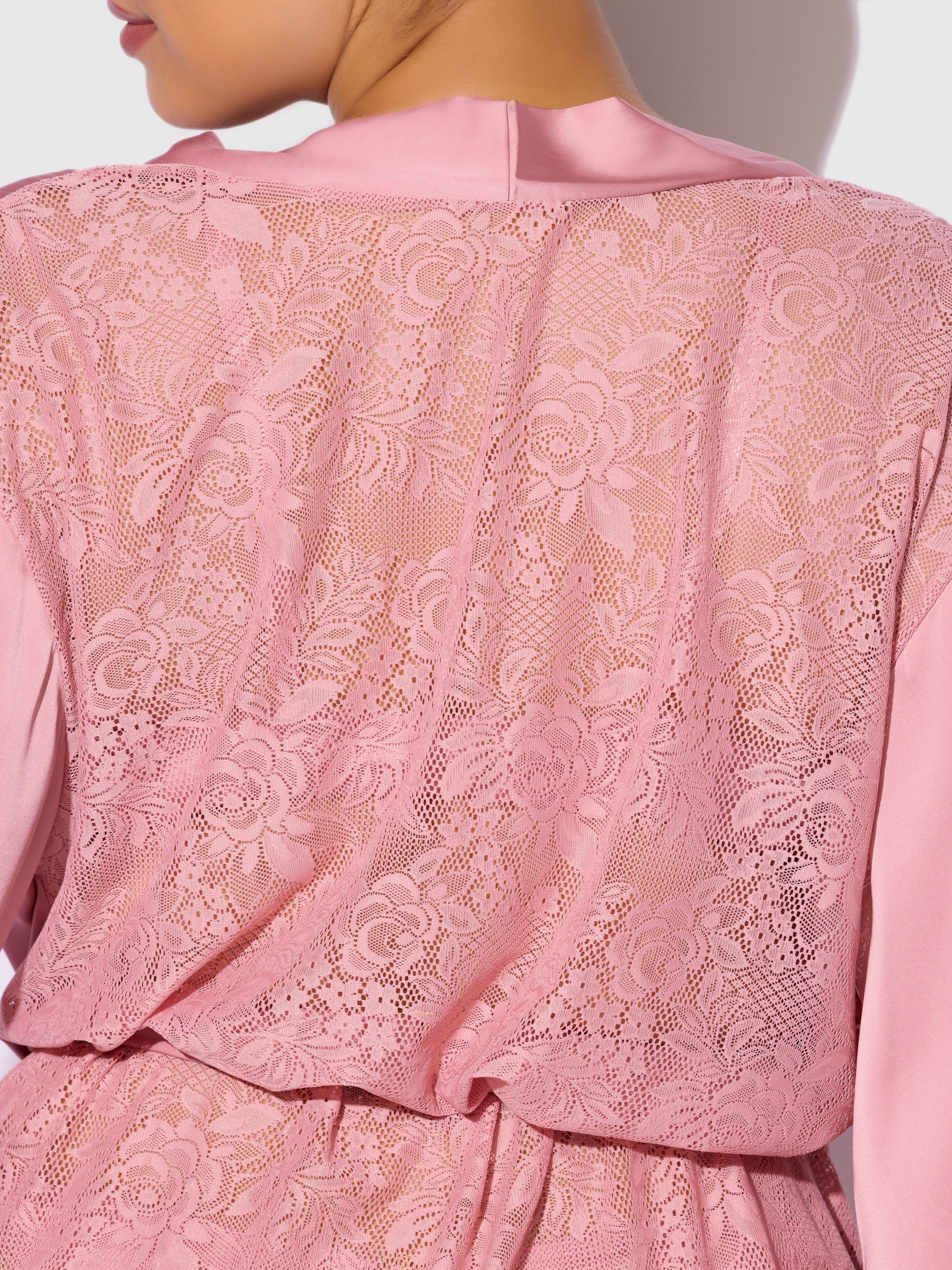 Helena Satin & Lace Back Short Robe Powder Pink