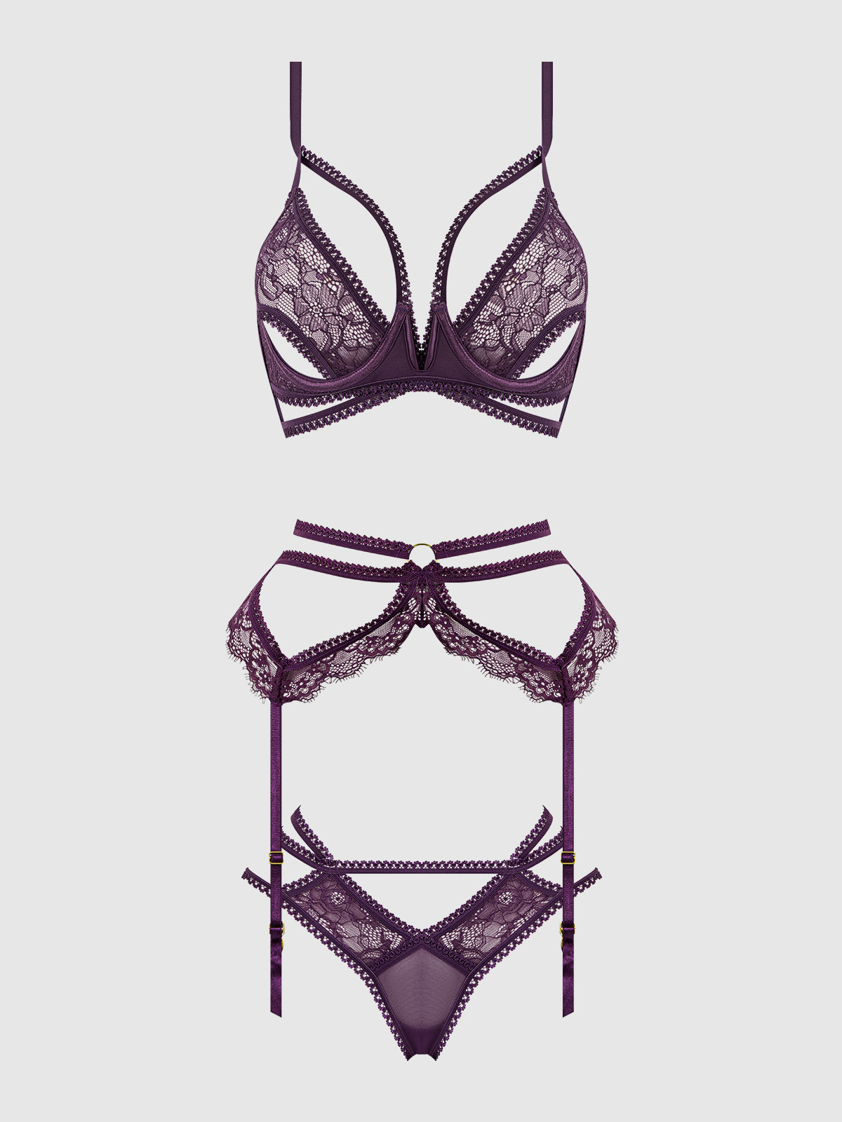 Bianca Strappy Lace Bra, Garter & Hipster Set Plum Purple