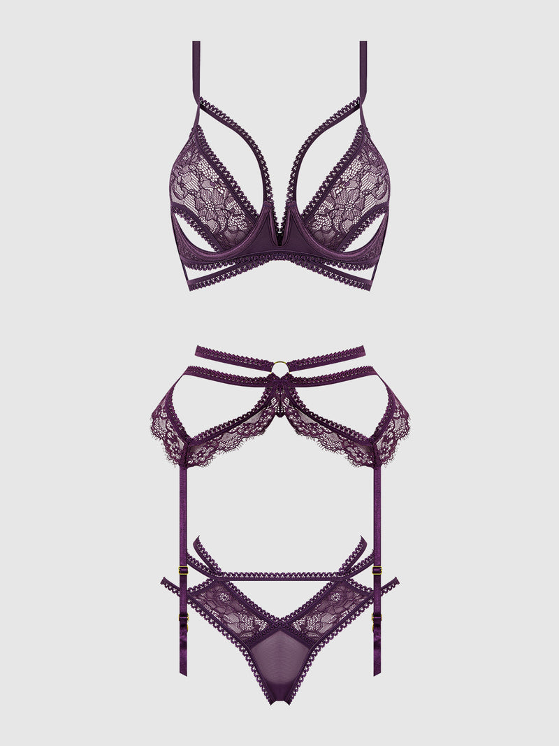 Bianca Strappy Lace Bra, Garter & Hipster Set Plum Purple