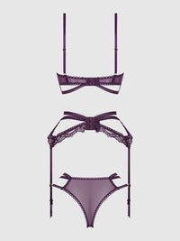 Bianca Strappy Lace Bra, Garter & Hipster Set Plum Purple