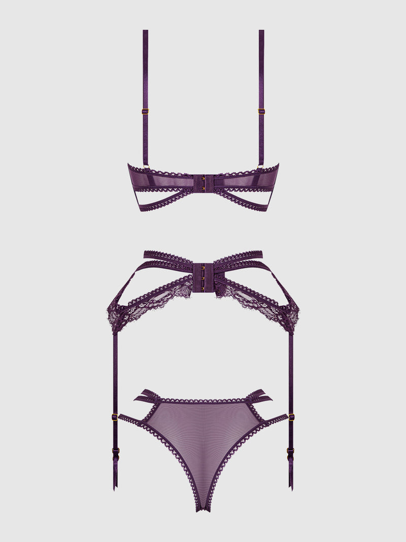 Bianca Strappy Lace Bra, Garter & Hipster Set Plum Purple