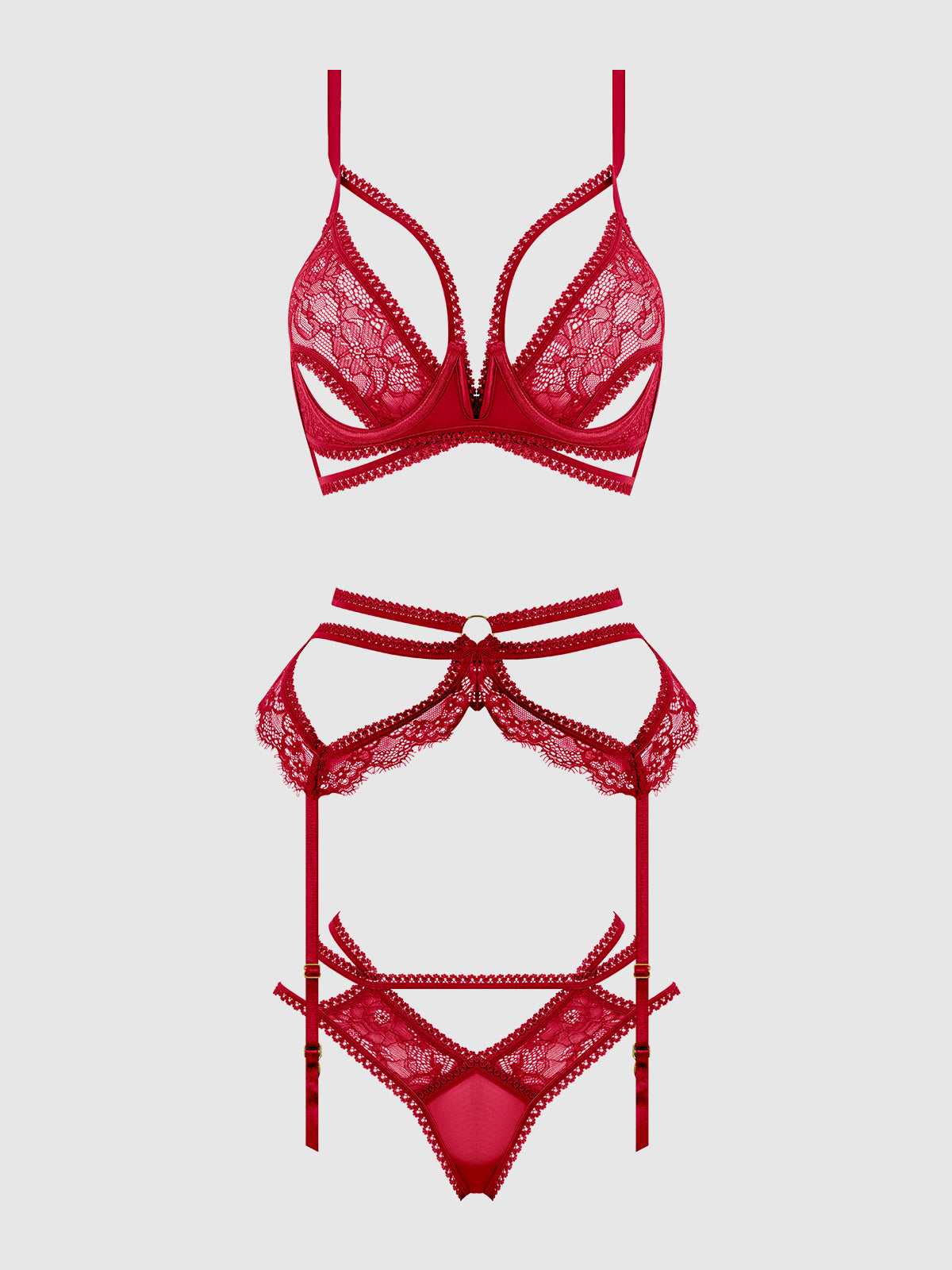 Bianca Strappy Lace Bra, Garter & Hipster Set Persian Red