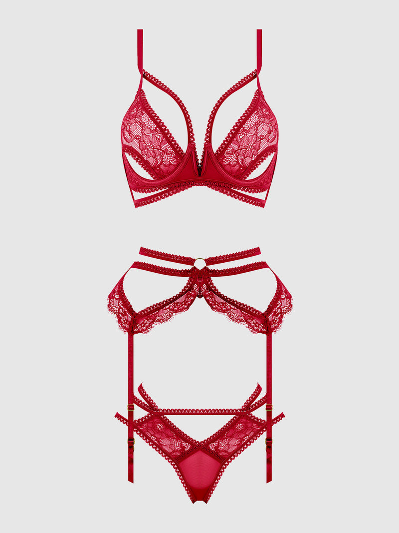 Bianca Strappy Lace Bra, Garter & Hipster Set Persian Red