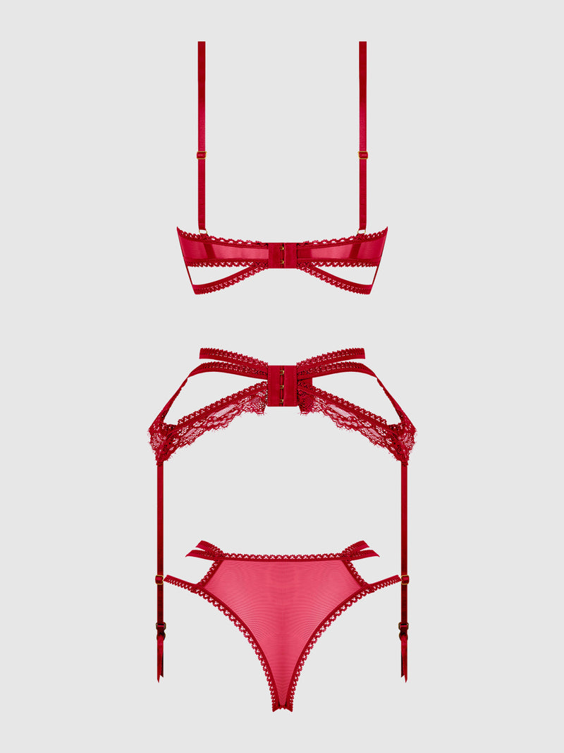 Bianca Strappy Lace Bra, Garter & Hipster Set Persian Red