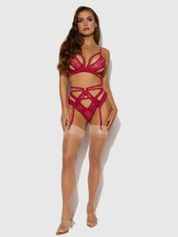 Bianca Strappy Lace Bra, Garter & Hipster Set Persian Red