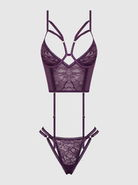 Bianca Strappy Lace Bustier & Thong Set Plum Purple