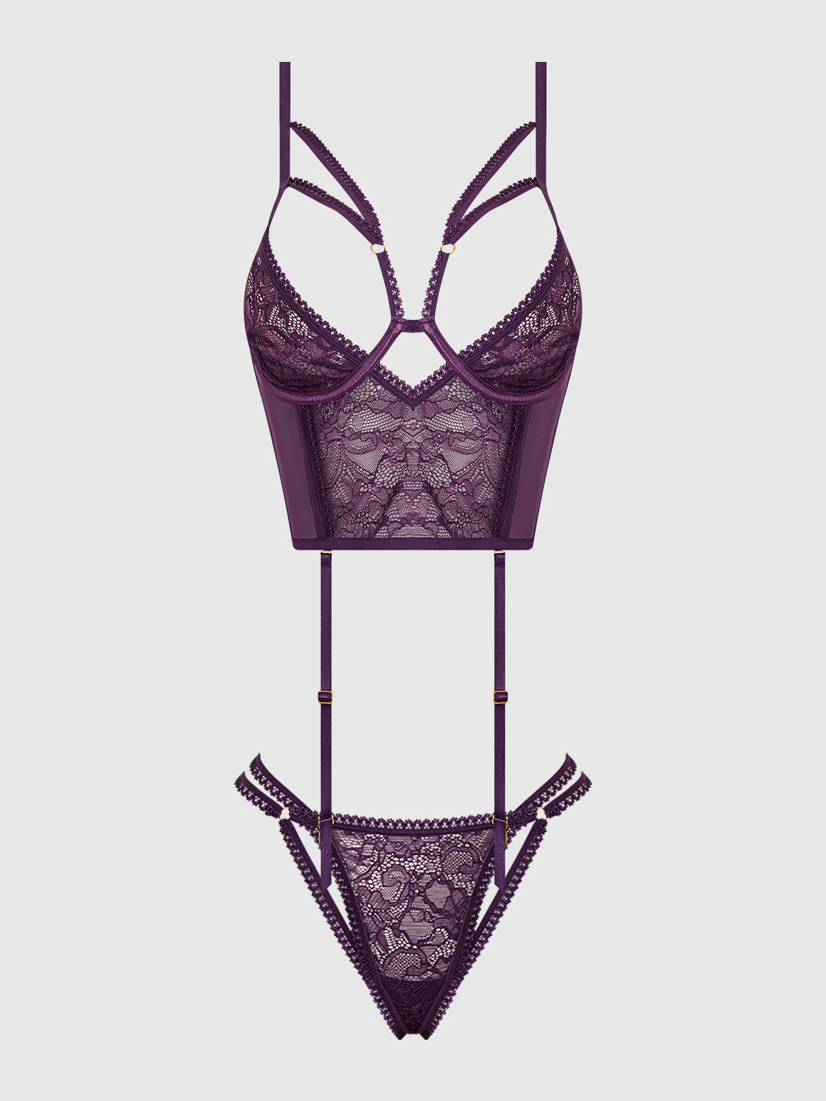 Bianca Strappy Lace Bustier & Thong Set Plum Purple