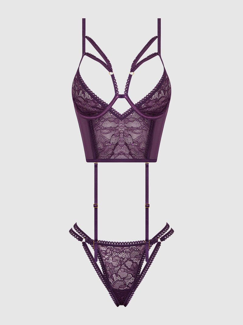 Bianca Strappy Lace Bustier & Thong Set Plum Purple