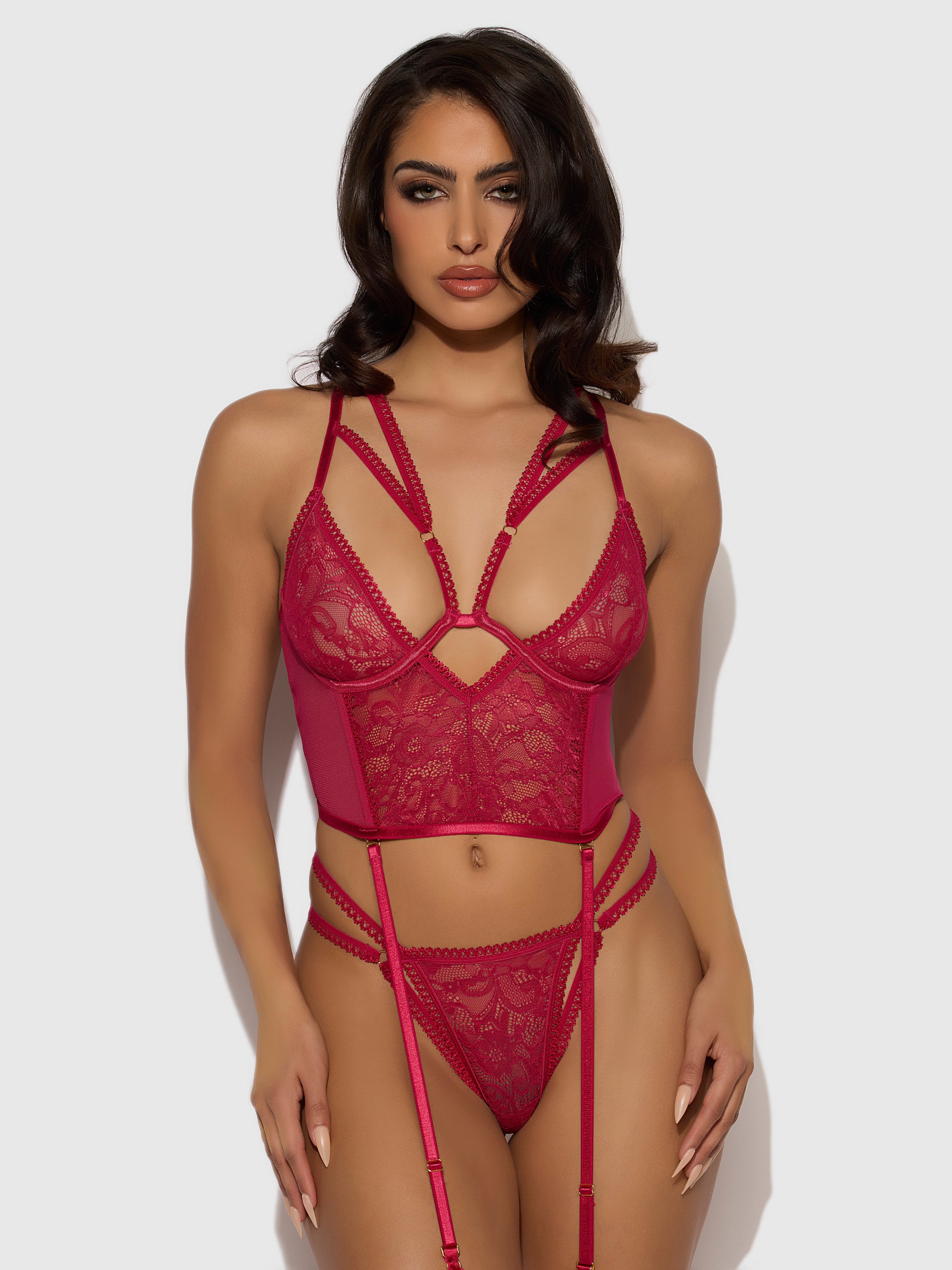 Bianca Strappy Lace Bustier & Thong Set Persian Red