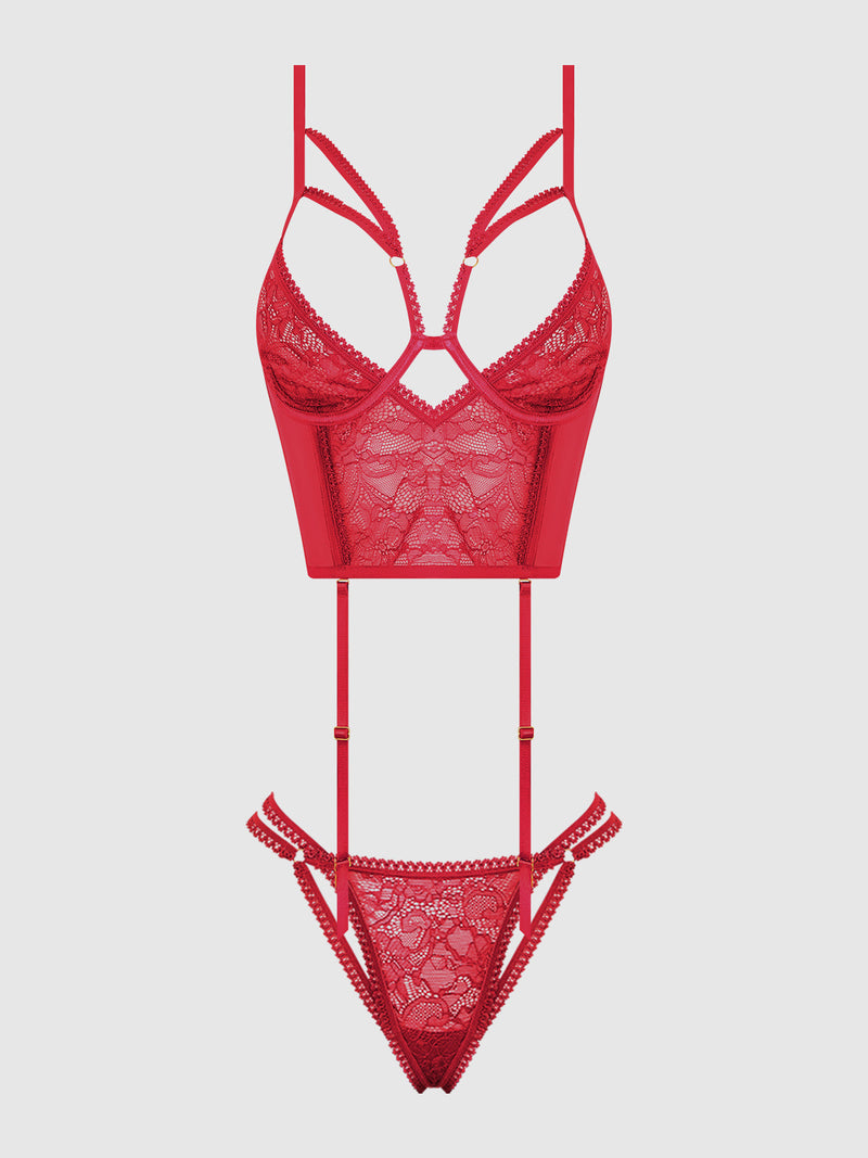 Bianca Strappy Lace Bustier & Thong Set Persian Red