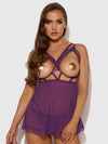 Bianca Lace & Mesh Open Cup Babydoll Set Plum