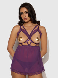 Bianca Lace & Mesh Open Cup Babydoll Set Plum