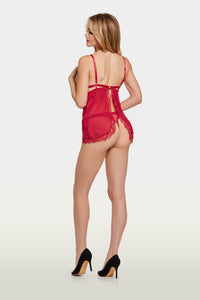 Bianca Lace & Mesh Open Cup Babydoll Set Persian Red