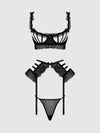 Portia Swiss Dot Cutout Bra, Garter, & Thong Set Black