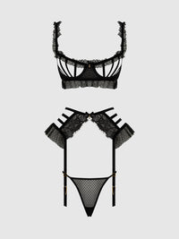 Portia Swiss Dot Cutout Bra, Garter, & Thong Set Black