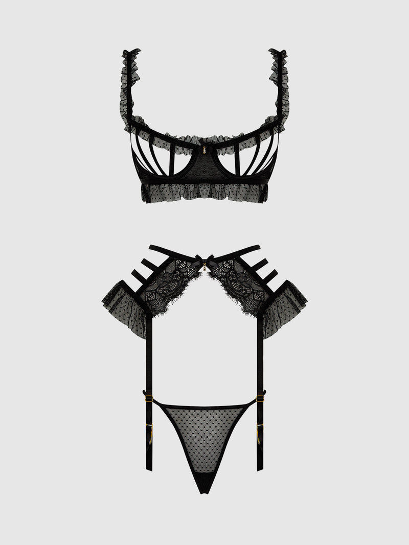 Portia Swiss Dot Cutout Bra, Garter, & Thong Set Black