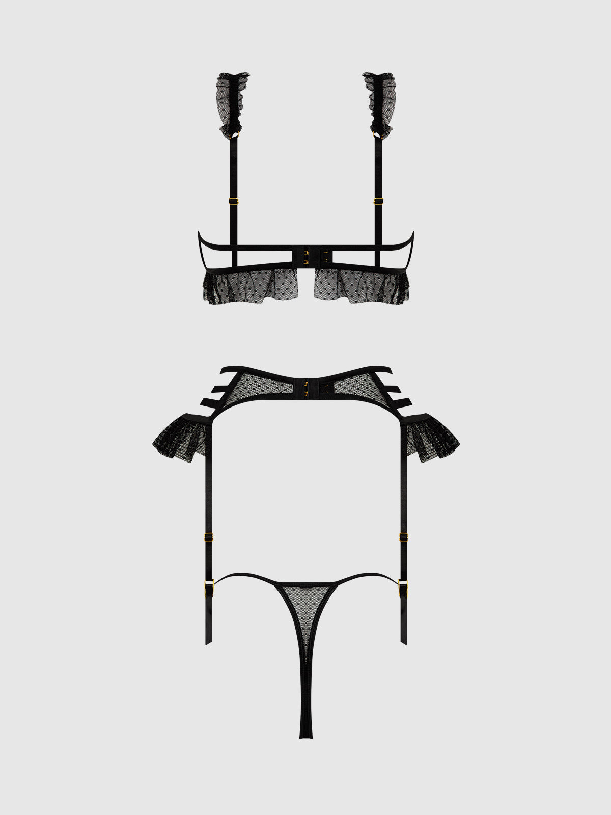 Portia Swiss Dot Cutout Bra, Garter, & Thong Set Black